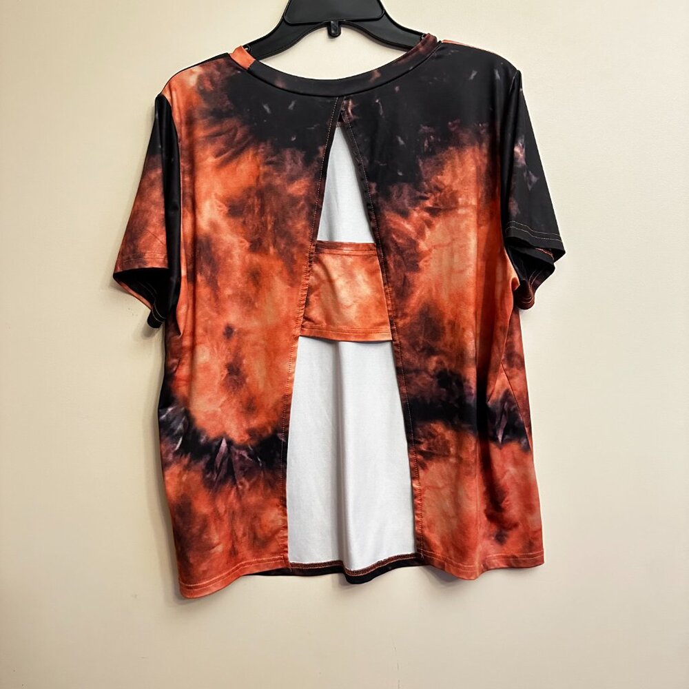 SHEIN Curve 0XL Black Orange Tie Dye Open Back Tee Top - Picture 5 of 6